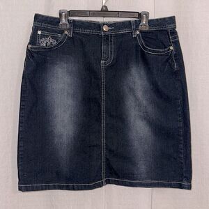 Dark Blue 16 Wash Embroidered Studded Stretch Denim Pencil Skirt